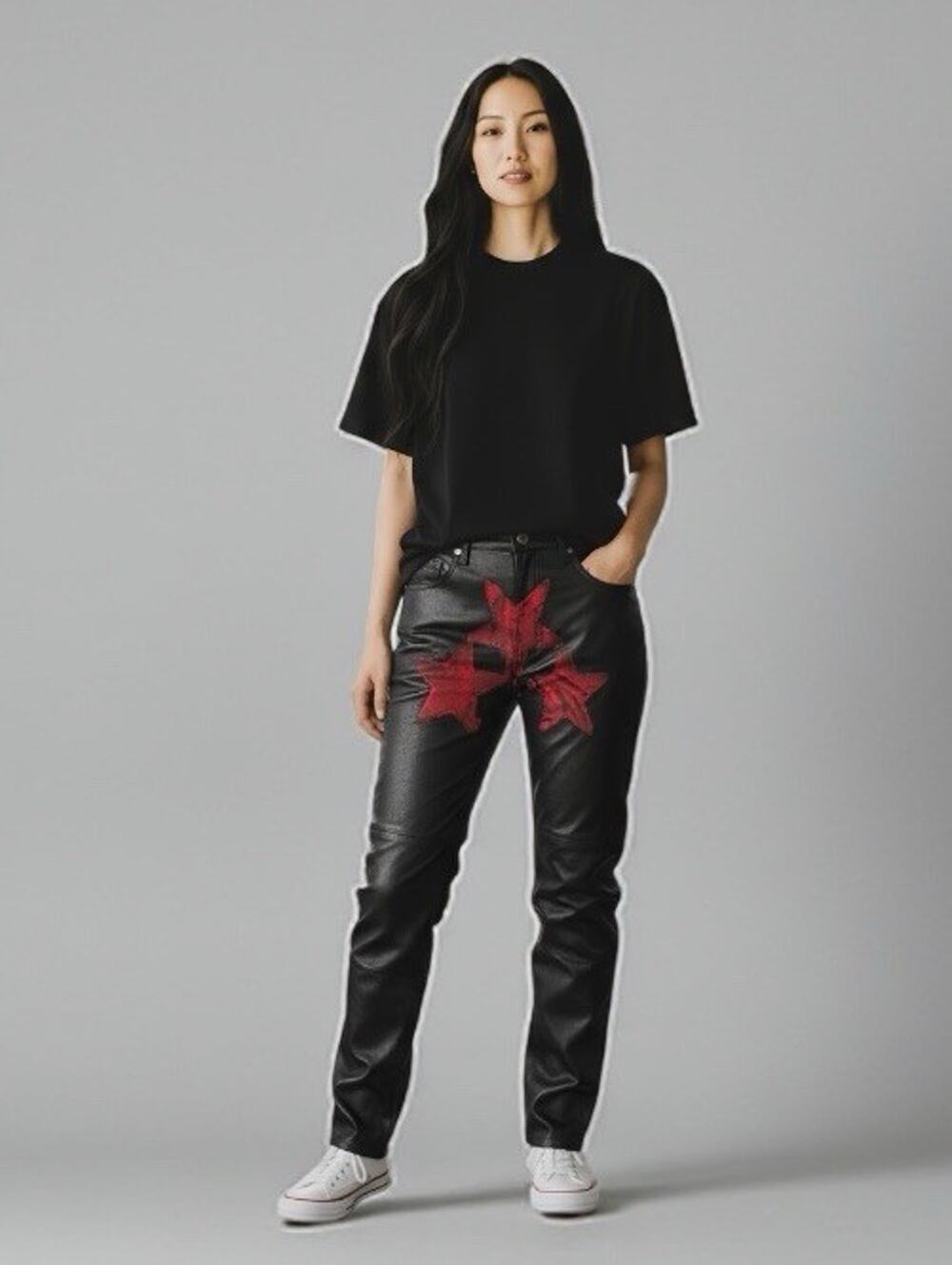 Equipment Black Lamb Leather Red Star Painted 1 Of A Kind Art To Wear Jean Sz 29